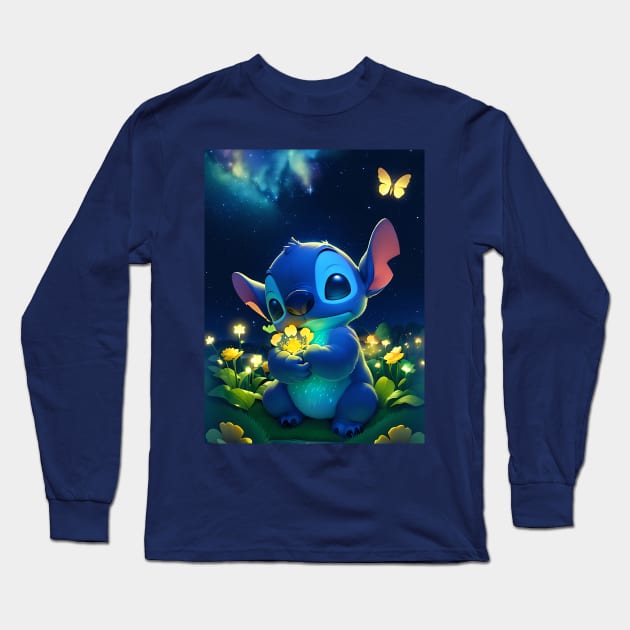 Stitch flower garden Long Sleeve T-Shirt by cloudart2868